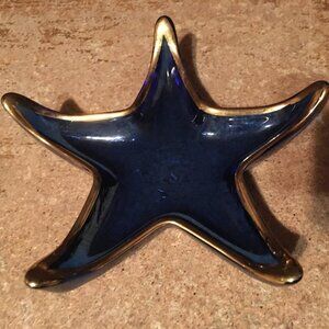 SPANISH RECYCLED COBALT GLASS STARFISH SHAPED DECORATIVE TRINKET DISH GOLD RIM